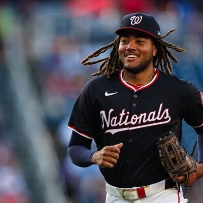 WASHINGTON, DC - JULY 02: James Wood #50 of the Washington Nationals reacts during the first inning against the New York Mets at Nationals Park on July 2, 2024 in Washington, DC. (Photo by Scott Taetsch/Getty Images)