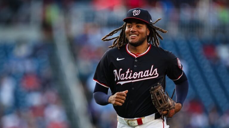 WASHINGTON, DC - JULY 02: James Wood #50 of the Washington Nationals reacts during the first inning against the New York Mets at Nationals Park on July 2, 2024 in Washington, DC. (Photo by Scott Taetsch/Getty Images)