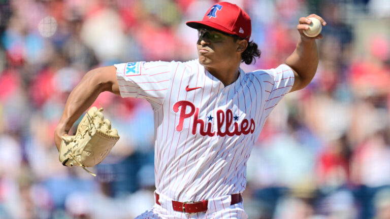 Jesús Luzardo of the Philadelphia Phillies delivers a pitch in the first inning against the Boston Red Sox during a Grapefruit League spring training game at BayCare Ballpark.