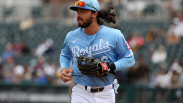 Jonathan India of the Kansas City Royals looks on during the game against the San Diego Padres at Surprise Stadium.