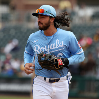 Jonathan India of the Kansas City Royals looks on during the game against the San Diego Padres at Surprise Stadium.