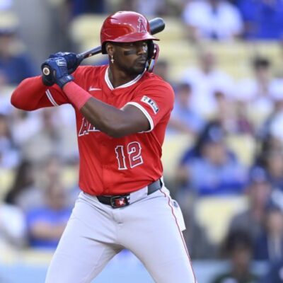 LOS ANGELES, CALIFORNIA - MARCH 23: Jorge Soler #12 of the Los Angeles Angels at bat while playing the Los Angeles Dodgers at Dodger Stadium on March 23, 2025 in Los Angeles, California. (Photo by John McCoy/Getty Images)