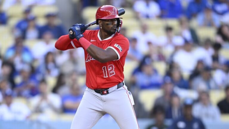 LOS ANGELES, CALIFORNIA - MARCH 23: Jorge Soler #12 of the Los Angeles Angels at bat while playing the Los Angeles Dodgers at Dodger Stadium on March 23, 2025 in Los Angeles, California. (Photo by John McCoy/Getty Images)
