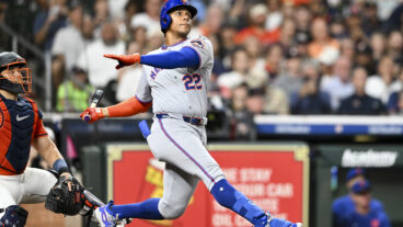 Juan Soto of the New York Mets hits a solo home run in the top of the third inning against the Houston Astros at Daikin Park.