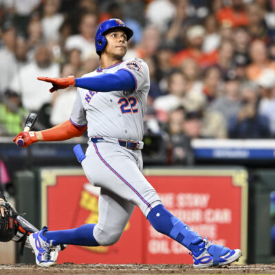 Juan Soto of the New York Mets hits a solo home run in the top of the third inning against the Houston Astros at Daikin Park.