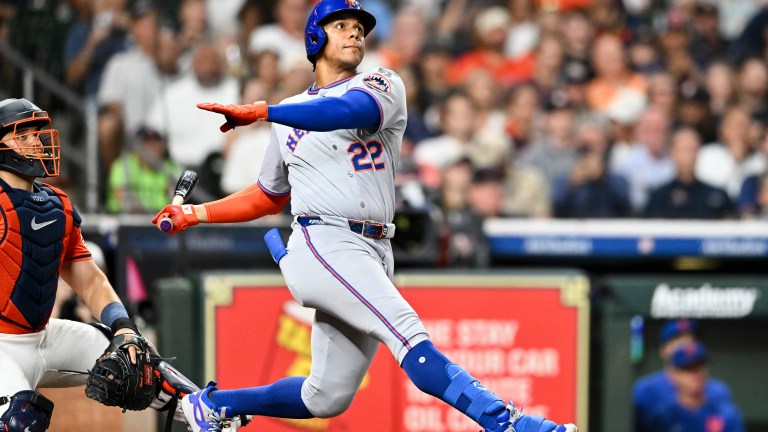 Juan Soto of the New York Mets hits a solo home run in the top of the third inning against the Houston Astros at Daikin Park.