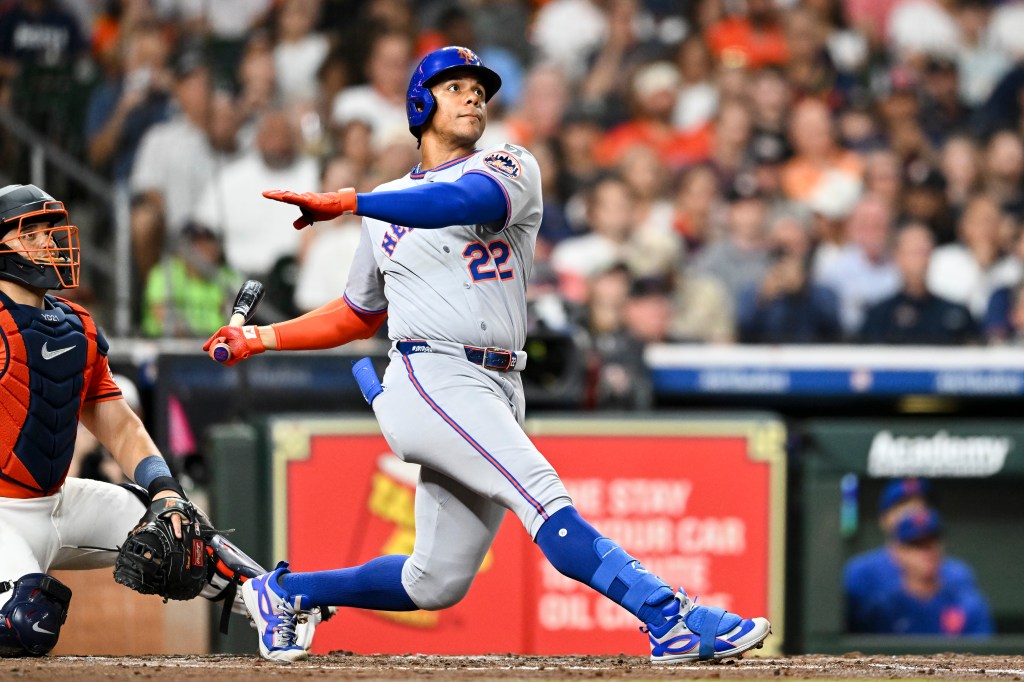 Juan Soto of the New York Mets hits a solo home run in the top of the third inning against the Houston Astros at Daikin Park.