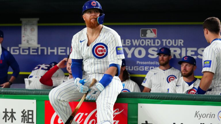 TOKYO, JAPAN - MARCH 15: Justin Turner #3 of the Chicago Cubs is seen on field before the game between the Chicago Cubs and the Hanshin Tigers at Tokyo Dome on Saturday, March 15, 2025 in Tokyo, Japan. (Photo by Mary DeCicco/MLB Photos via Getty Images)