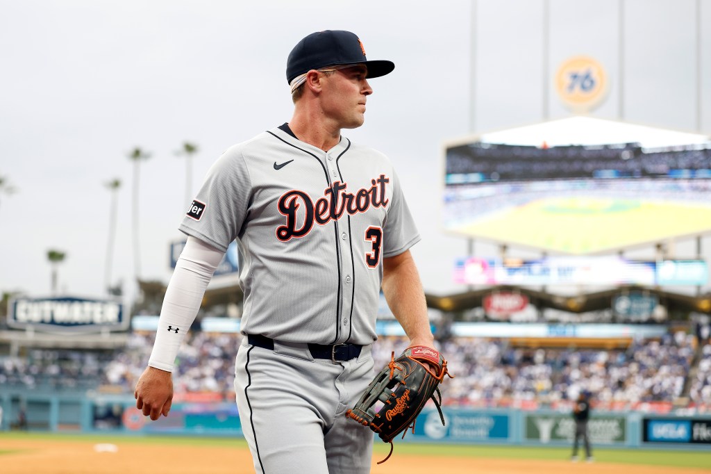 LOS ANGELES, CALIFORNIA - MARCH 27: Kerry Carpenter #30 of the Detroit Tigers walks to the dugout in the sixth inning against the Los Angeles Dodgers on Opening Day at Dodger Stadium on March 27, 2025 in Los Angeles, California. (Photo by Ronald Martinez/Getty Images)