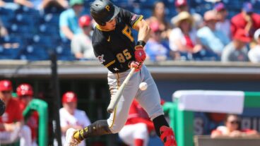 CLEARWATER, FL - MARCH 14: Konnor Griffin #85 of the Pittsburgh Pirates bats in the fifth inning during the game between the Pittsburgh Pirates and the Philadelphia Phillies at BayCare Ballpark on Friday, March 14, 2025 in Clearwater, Florida. (Photo by Mike Carlson/MLB Photos via Getty Images)