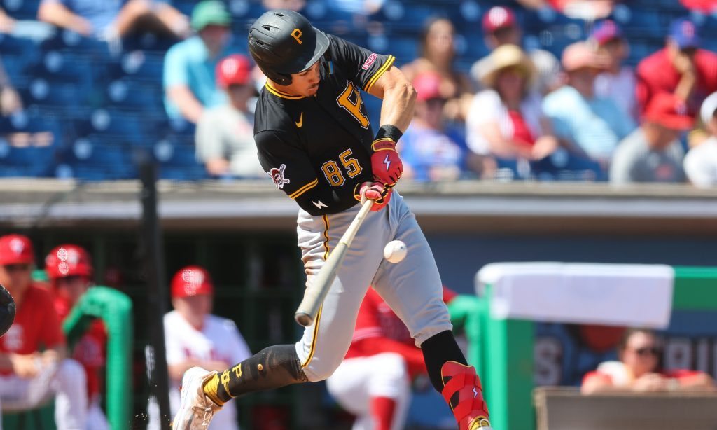 CLEARWATER, FL - MARCH 14: Konnor Griffin #85 of the Pittsburgh Pirates bats in the fifth inning during the game between the Pittsburgh Pirates and the Philadelphia Phillies at BayCare Ballpark on Friday, March 14, 2025 in Clearwater, Florida. (Photo by Mike Carlson/MLB Photos via Getty Images)