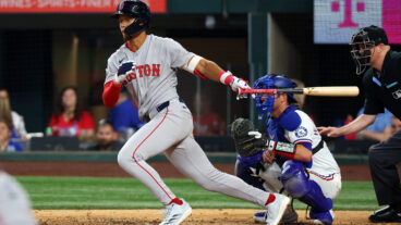 ARLINGTON, TEXAS - MARCH 27: Kristian Campbell #28 of the Boston Red Sox hits a single in the ninth against the Texas Rangers in an Opening Day game at Globe Life Field on March 27, 2025 in Arlington, Texas. (Photo by Richard Rodriguez/Getty Images)