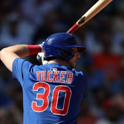 Kyle Tucker of the Chicago Cubs bats during a spring training game against the Los Angeles Angels at Sloan Park.