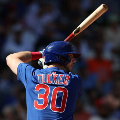 Kyle Tucker of the Chicago Cubs bats during a spring training game against the Los Angeles Angels at Sloan Park.