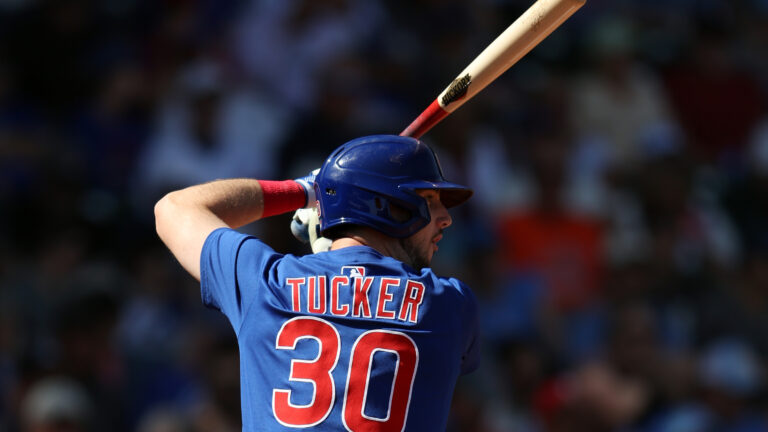 Kyle Tucker of the Chicago Cubs bats during a spring training game against the Los Angeles Angels at Sloan Park.