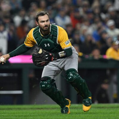 SEATTLE, WA - MARCH 27: Shea Langeliers #23 of the Athletics throws during the game between the Athletics and the Seattle Mariners at T-Mobile Park on Thursday, March 27, 2025 in Seattle, Washington. (Photo by Rod Mar/MLB Photos via Getty Images)