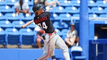 Luke Keaschall of the Minnesota Twins bats during the game against the Toronto Blue Jays at TD Ballpark.