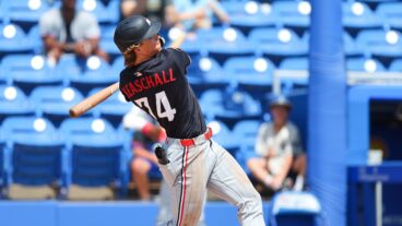 Luke Keaschall of the Minnesota Twins bats during the game against the Toronto Blue Jays at TD Ballpark.