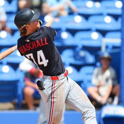 Luke Keaschall of the Minnesota Twins bats during the game against the Toronto Blue Jays at TD Ballpark.