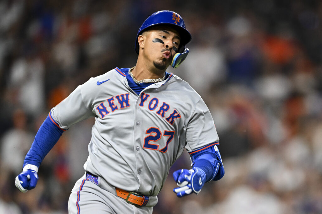HOUSTON, TEXAS - MARCH 28: Mark Vientos #27 of the New York Mets runs the baseline after hitting an RBI double in the second inning against the Houston Astros at Daikin Park on March 28, 2025 in Houston, Texas. (Photo by Maria Lysaker/Getty Images)