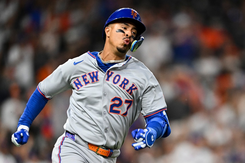 HOUSTON, TEXAS - MARCH 28: Mark Vientos #27 of the New York Mets runs the baseline after hitting an RBI double in the second inning against the Houston Astros at Daikin Park on March 28, 2025 in Houston, Texas. (Photo by Maria Lysaker/Getty Images)