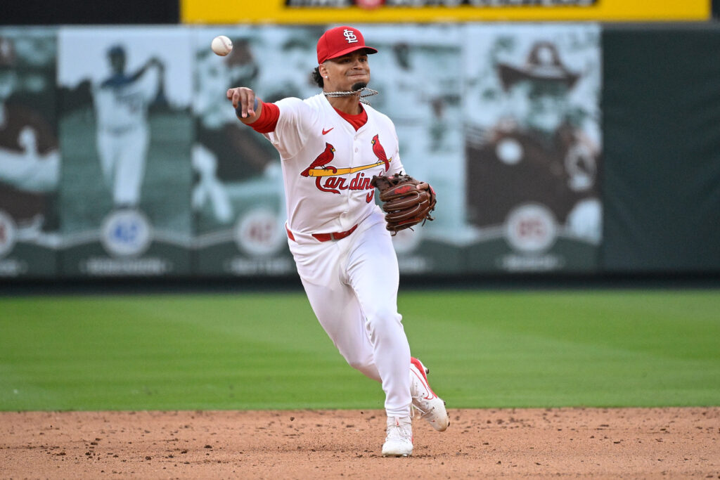 ST LOUIS, MISSOURI - MARCH 27: Masyn Winn #0 of the St. Louis Cardinals throws to first base for an out against the Minnesota Twins in the sixth inning on Opening Day at Busch Stadium on March 27, 2025 in St Louis, Missouri. (Photo by Joe Puetz/Getty Images)