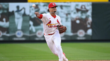 ST LOUIS, MISSOURI - MARCH 27: Masyn Winn #0 of the St. Louis Cardinals throws to first base for an out against the Minnesota Twins in the sixth inning on Opening Day at Busch Stadium on March 27, 2025 in St Louis, Missouri. (Photo by Joe Puetz/Getty Images)