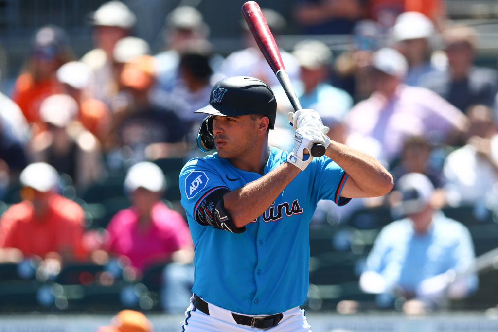 Matt Mervis of the Miami Marlins at bat against the Houston Astros in the first inning during a spring training game at Roger Dean Stadium.