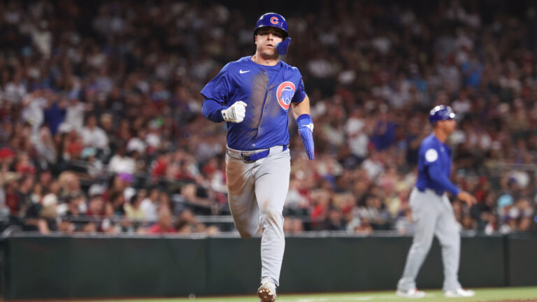 PHOENIX, AZ - MARCH 27: Matt Shaw #6 of the Chicago Cubs scores off a double hit by Miguel Amaya (not pictured) in the ninth inning during the game between the Chicago Cubs and the Arizona Diamondbacks at Chase Field on Thursday, March 27, 2025 in Phoenix, Arizona. (Photo by Chris Coduto/MLB Photos via Getty Images)
