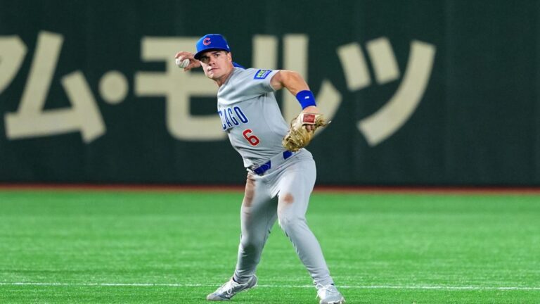 TOKYO, JAPAN - MARCH 19: Matt Shaw #6 of the Chicago Cubs throws after fielding a grounder in the top of the sixth inning during the MLB Tokyo Series game between Los Angeles Dodgers and Chicago Cubs at Tokyo Dome on March 19, 2025 in Tokyo, Japan. (Photo by Masterpress/Getty Images)