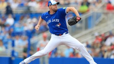 Toronto Blue Jays pitcher Max Scherzer delivers a pitch to the plate during the spring training game between the St. Louis Cardinals and the Toronto Blue Jays at the TD Ballpark.