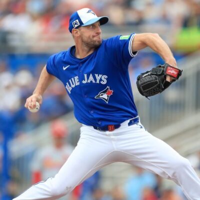 Toronto Blue Jays pitcher Max Scherzer delivers a pitch to the plate during the spring training game between the St. Louis Cardinals and the Toronto Blue Jays at the TD Ballpark.