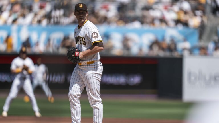 SAN DIEGO, CALIFORNIA - MARCH 27: Michael King #34 of the San Diego Padres pitches during the first inning the game against the Atlanta braves on opening day at Petco Park on March 27, 2025 in San Diego, California. (Photo by Matt Thomas/San Diego Padres/Getty Images)