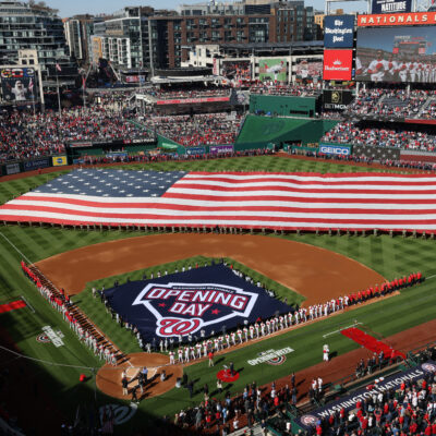 WASHINGTON, DC - MARCH 27: A general view of the flyover on Opening Day between the Philadelphia Phillies and the Washington Nationals at Nationals Park on March 27, 2025 in Washington, DC. (Photo by Samuel Corum/Getty Images)