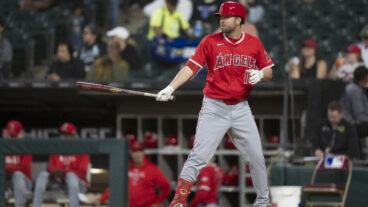 Nolan Schanuel of the Los Angeles Angels bats in a game against the Chicago White Sox at Guaranteed Rate Field.
