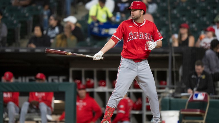 Nolan Schanuel of the Los Angeles Angels bats in a game against the Chicago White Sox at Guaranteed Rate Field.