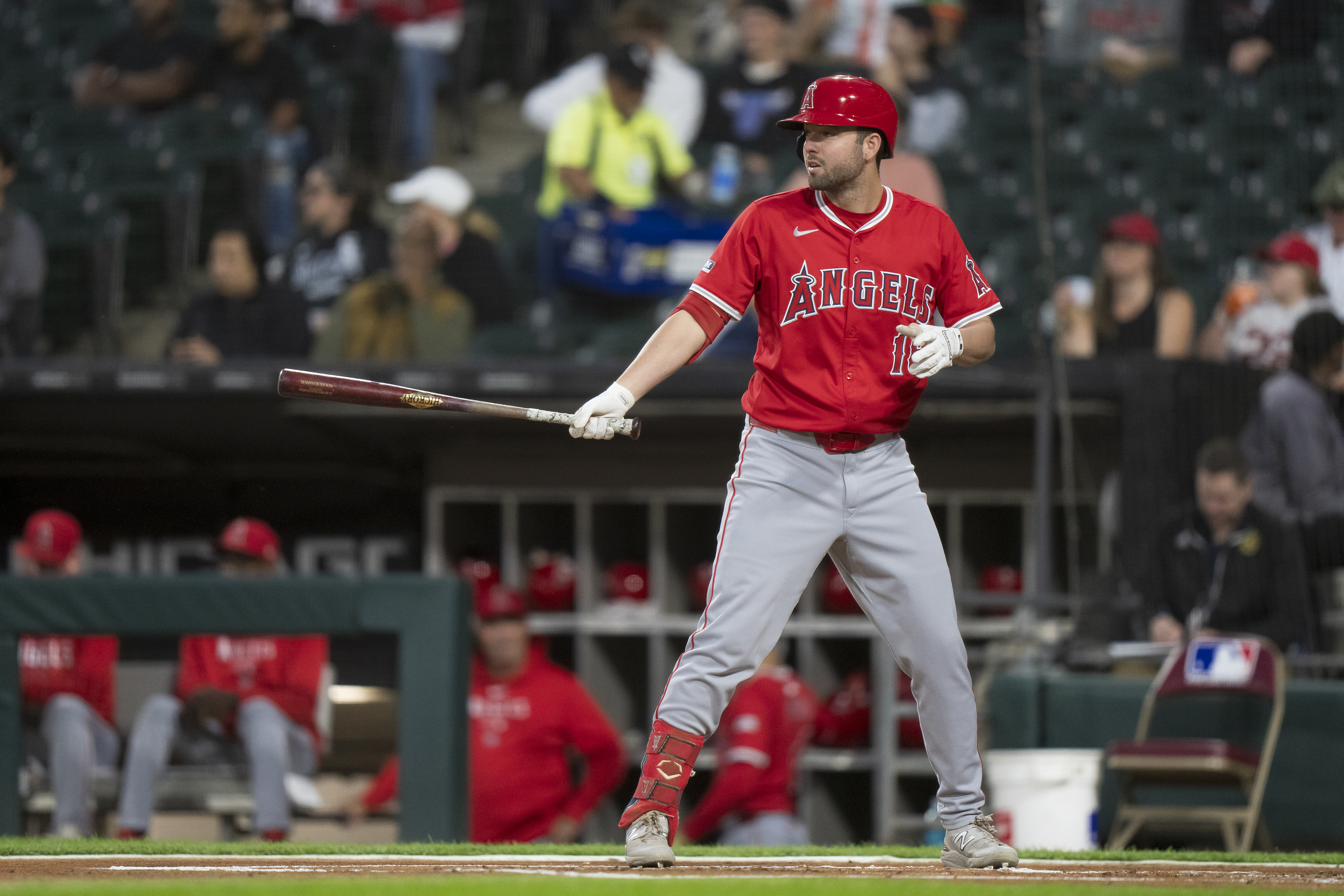 Nolan Schanuel of the Los Angeles Angels bats in a game against the Chicago White Sox at Guaranteed Rate Field.