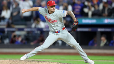 NEW YORK, NEW YORK - OCTOBER 08: Orion Kerkering #50 of the Philadelphia Phillies delivers a pitch in the sixth inning against the New York Mets during Game Three of the Division Series at Citi Field on October 08, 2024 in New York City. (Photo by Luke Hales/Getty Images)