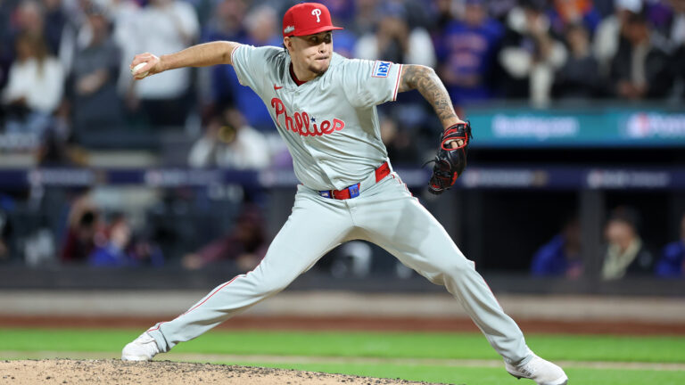NEW YORK, NEW YORK - OCTOBER 08: Orion Kerkering #50 of the Philadelphia Phillies delivers a pitch in the sixth inning against the New York Mets during Game Three of the Division Series at Citi Field on October 08, 2024 in New York City. (Photo by Luke Hales/Getty Images)
