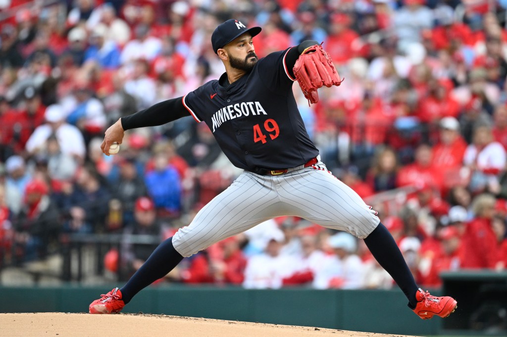 Pablo López of the Minnesota Twins pitches during the first inning against the St. Louis Cardinals on Opening Day at Busch Stadium.