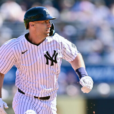 TAMPA, FLORIDA - FEBRUARY 21: Paul Goldschmidt #48 of the New York Yankees runs to third base after hitting a double in the first inning against the Tampa Bay Rays during a Grapefruit League spring training game at George M. Steinbrenner Field on February 21, 2025 in Tampa, Florida. (Photo by Julio Aguilar/Getty Images)