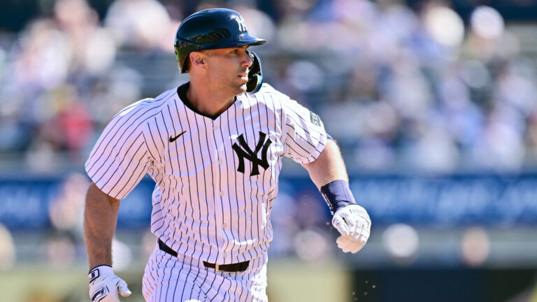 TAMPA, FLORIDA - FEBRUARY 21: Paul Goldschmidt #48 of the New York Yankees runs to third base after hitting a double in the first inning against the Tampa Bay Rays during a Grapefruit League spring training game at George M. Steinbrenner Field on February 21, 2025 in Tampa, Florida. (Photo by Julio Aguilar/Getty Images)