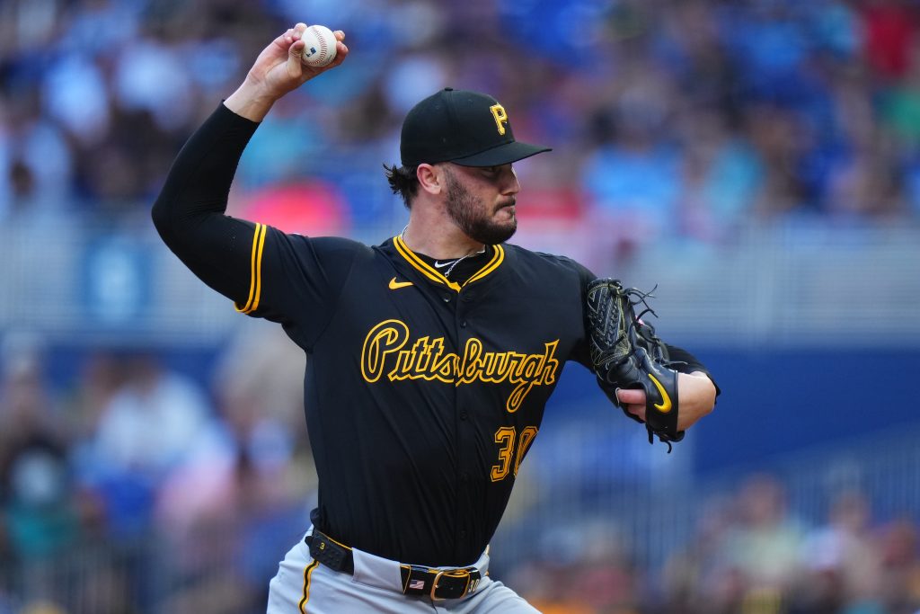 MIAMI, FLORIDA - MARCH 27: Paul Skenes #30 of the Pittsburgh Pirates throws a pitch during the first inning against the Miami Marlins on Opening Day at loanDepot park on March 27, 2025 in Miami, Florida. (Photo by Rich Storry/Getty Images)