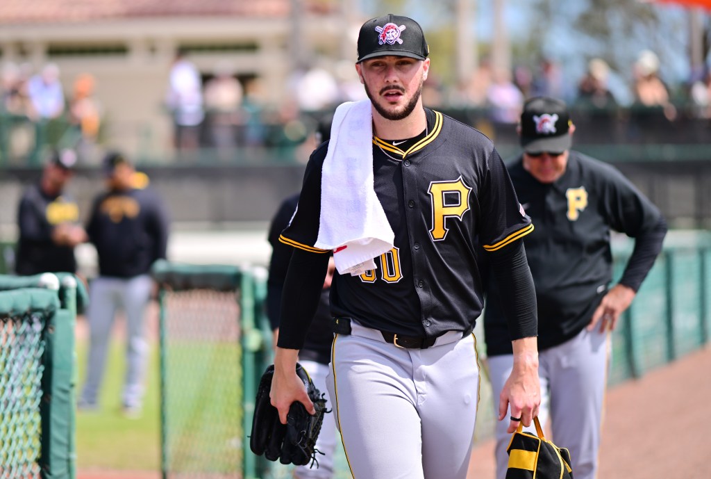 SARASOTA, FLORIDA - MARCH 01: Paul Skenes #30 of the Pittsburgh Pirates walks to the dugout prior to a Grapefruit League spring training game at bat at Ed Smith Stadium on March 01, 2025 in Sarasota, Florida. (Photo by Julio Aguilar/Getty Images)