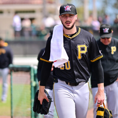 SARASOTA, FLORIDA - MARCH 01: Paul Skenes #30 of the Pittsburgh Pirates walks to the dugout prior to a Grapefruit League spring training game at bat at Ed Smith Stadium on March 01, 2025 in Sarasota, Florida. (Photo by Julio Aguilar/Getty Images)