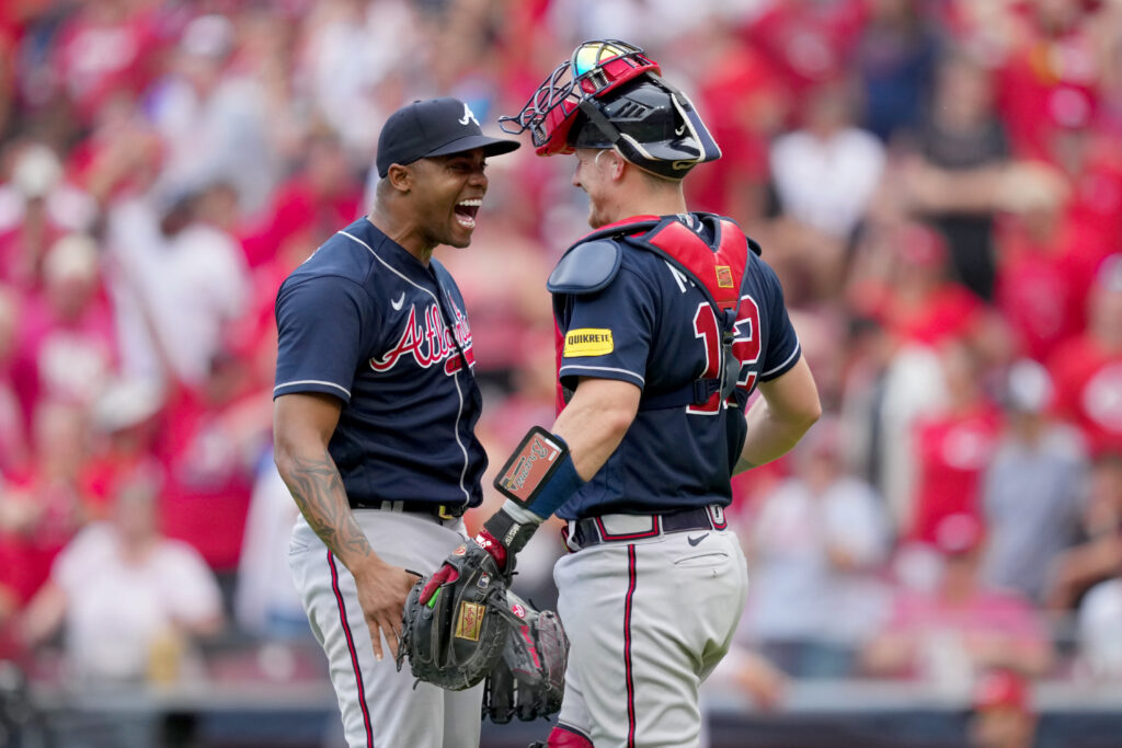 CINCINNATI, OHIO - JUNE 25: Raisel Iglesias #26 and Sean Murphy #12 of the Atlanta Braves celebrate after beating the Cincinnati Reds 7-6 at Great American Ball Park on June 25, 2023 in Cincinnati, Ohio. (Photo by Dylan Buell/Getty Images)