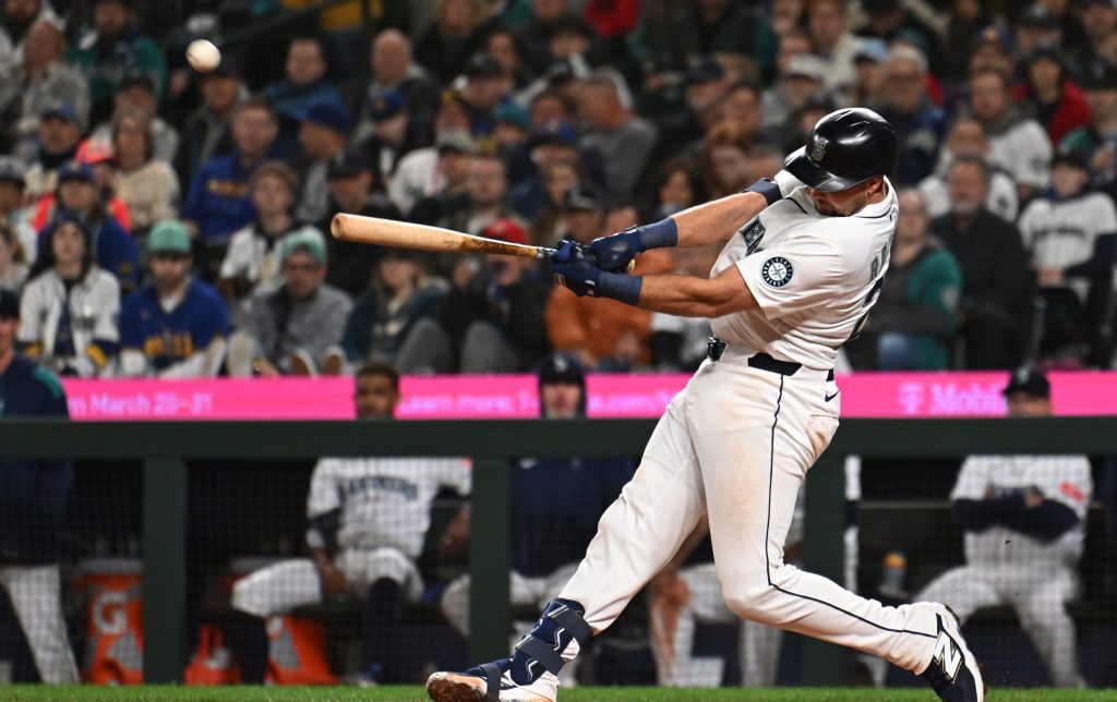 Cal Raleigh #29 of the Seattle Mariners bats during the game between the Athletics and the Seattle Mariners at T-Mobile Park on Thursday, March 27, 2025 in Seattle, Washington. (Photo by Rod Mar/MLB Photos via Getty Images)
