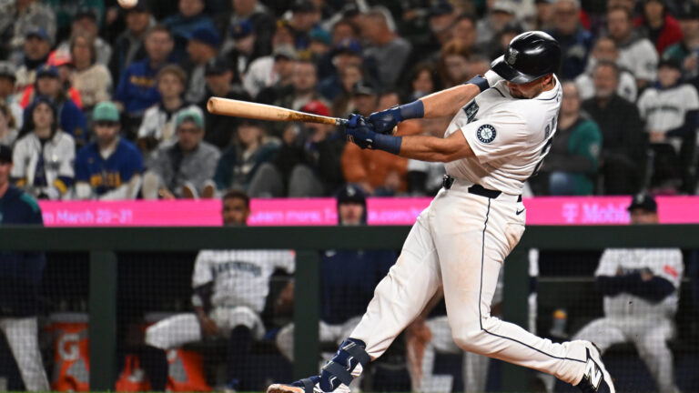 Cal Raleigh #29 of the Seattle Mariners bats during the game between the Athletics and the Seattle Mariners at T-Mobile Park on Thursday, March 27, 2025 in Seattle, Washington. (Photo by Rod Mar/MLB Photos via Getty Images)