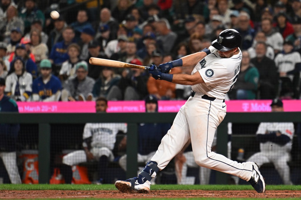 Cal Raleigh #29 of the Seattle Mariners bats during the game between the Athletics and the Seattle Mariners at T-Mobile Park on Thursday, March 27, 2025 in Seattle, Washington. (Photo by Rod Mar/MLB Photos via Getty Images)