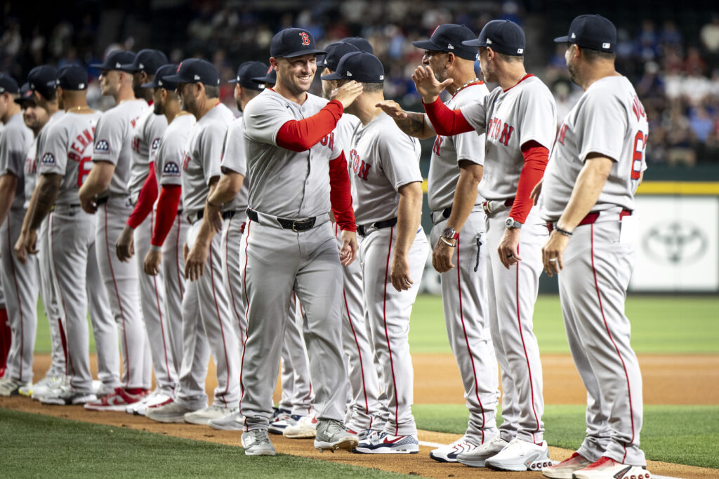ARLINGTON, TEXAS - MARCH 27: Alex Bregman #2 of the Boston Red Sox is introduced during pre game ceremonies ahead of the Opening Day game against the Texas Rangers on March 27, 2025 at Globe Life Field in Arlington, Texas. (Photo by Maddie Malhotra/Boston Red Sox/Getty Images)